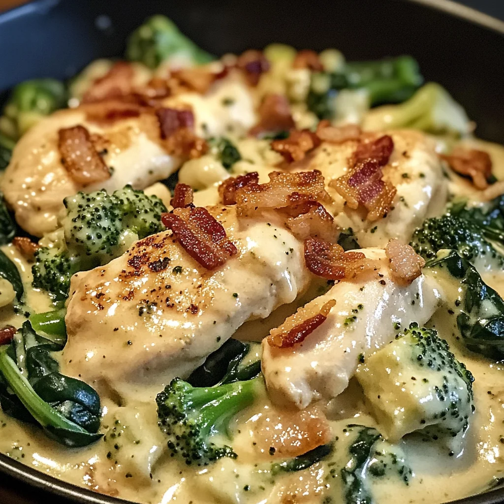 Creamy Chicken Alfredo with Spinach, Bacon, and Broccoli