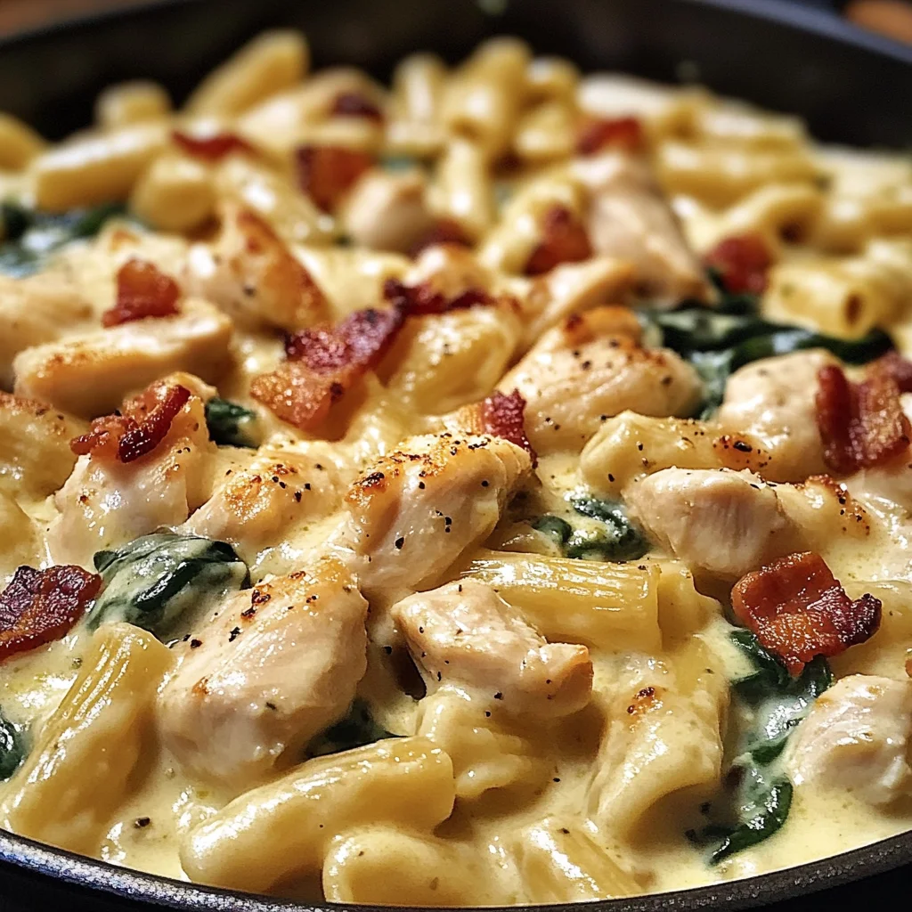 Creamy Spinach, Chicken, Bacon Pasta