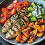 Grilled Chicken Power Plate with Sweet Potatoes & Avocado Salad
