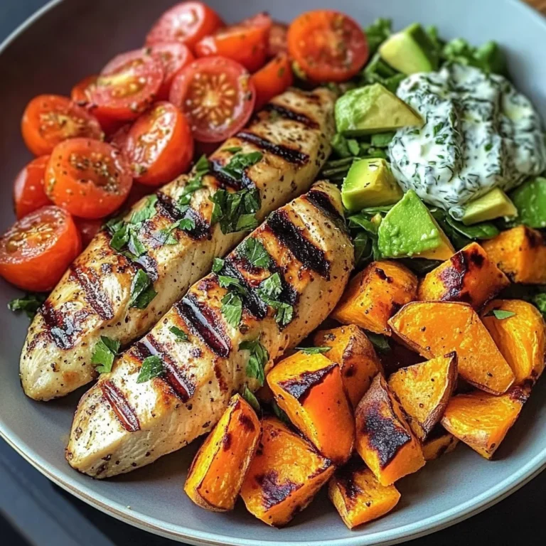 Grilled Chicken Power Plate with Sweet Potatoes & Avocado Salad