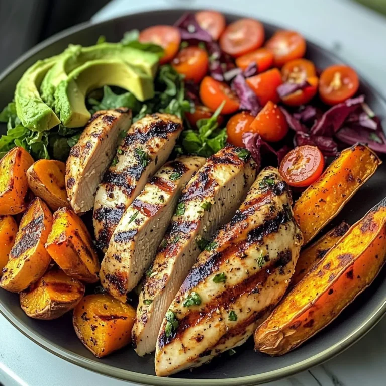 Grilled Chicken Power Plate with Sweet Potatoes & Avocado Salad