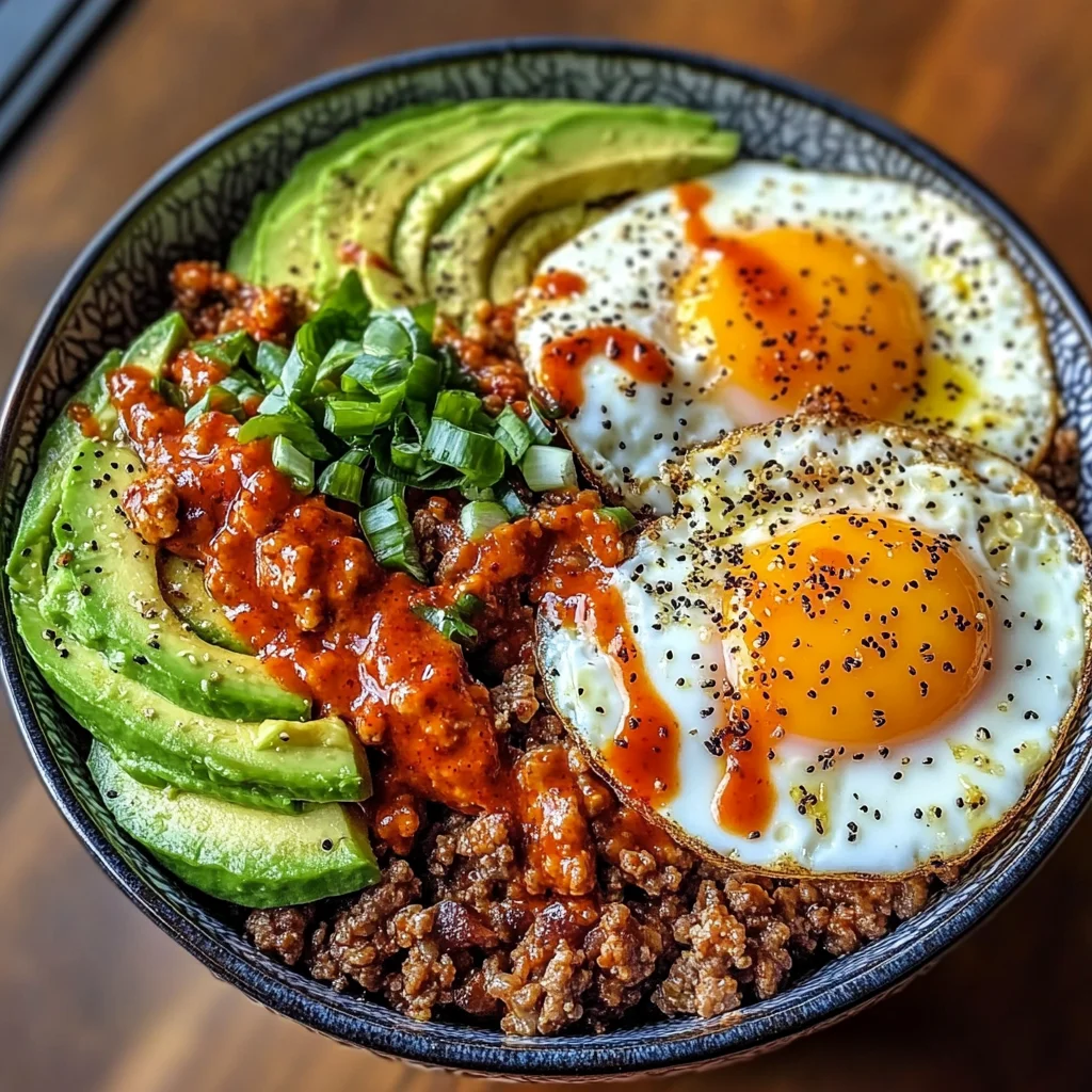 Spicy Avocado & Beef Protein Bowl with Fried Eggs