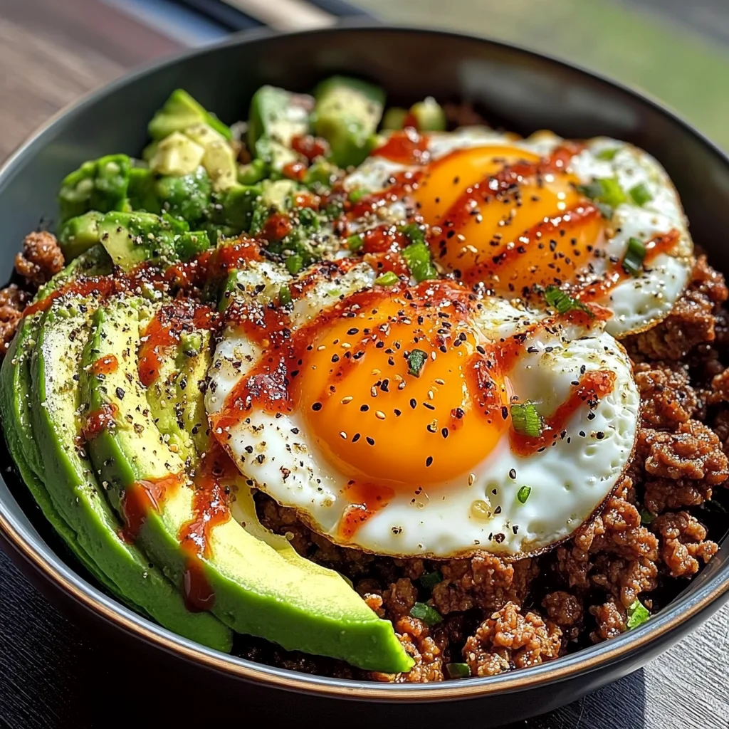 Spicy Avocado & Beef Protein Bowl with Fried Eggs